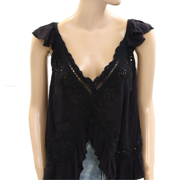 Free People Sensual Cassidy Cutwork Blouse Tank Top Embroidered Black L 283343 - Picture 5 of 8
